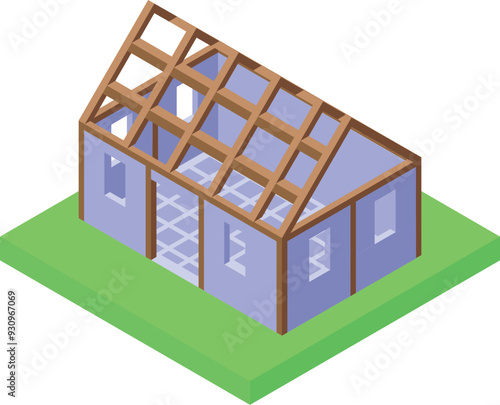 Isometric view of a home construction project showing the wooden framing being built on the concrete foundation