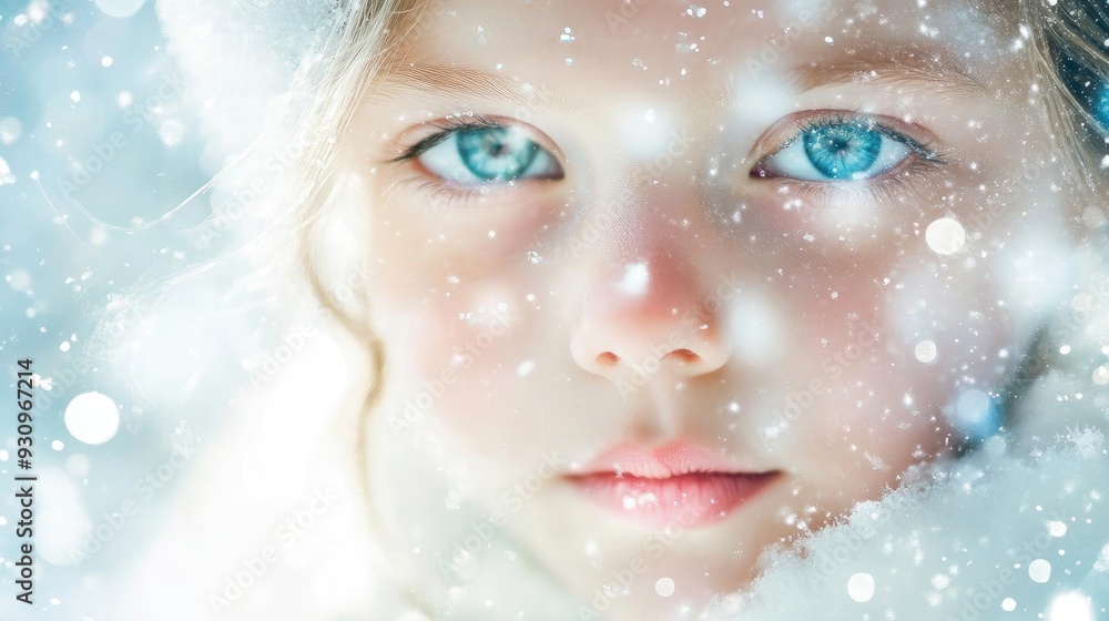 A close-up of a young girl's face, framed by snowflakes, capturing a moment of winter magic and innocence with bright blue eyes. A close-up of a young girl's face, framed by snowflakes, capturing a moment of winter magic and innocence with bright blue eyes.