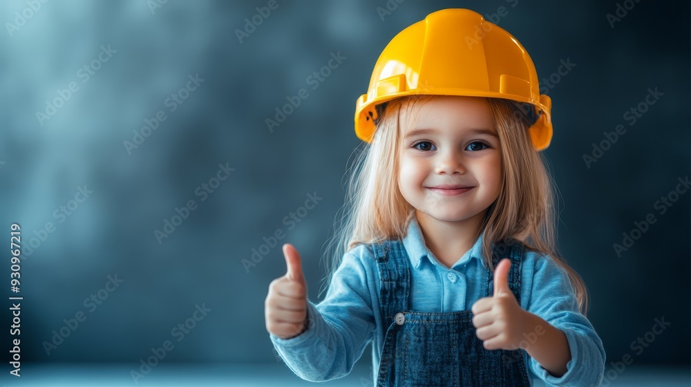Smiling child wearing yellow construction helmet Smiling child wearing yellow construction helmet