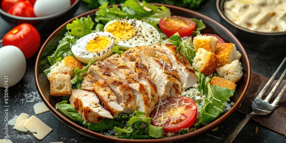Caesar Salad Lunch with Sliced Chicken Breast Parmesan Cheese Lettuce Eggs Tomatoes and Croutons Caesar Salad Lunch with Sliced Chicken Breast Parmesan Cheese Lettuce Eggs Tomatoes and Croutons