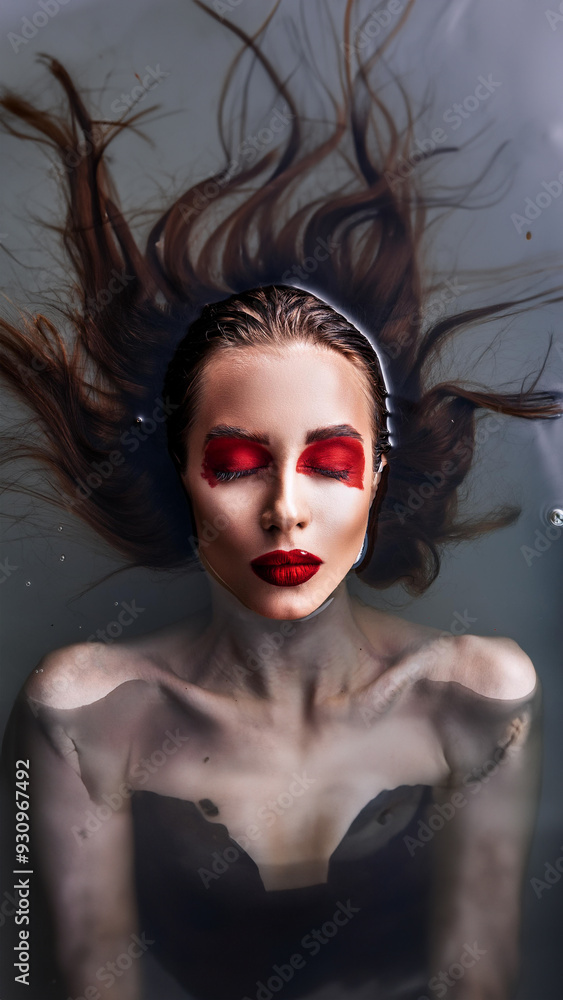 model fashion floating water liquid red makeup model fashion floating water liquid red makeup