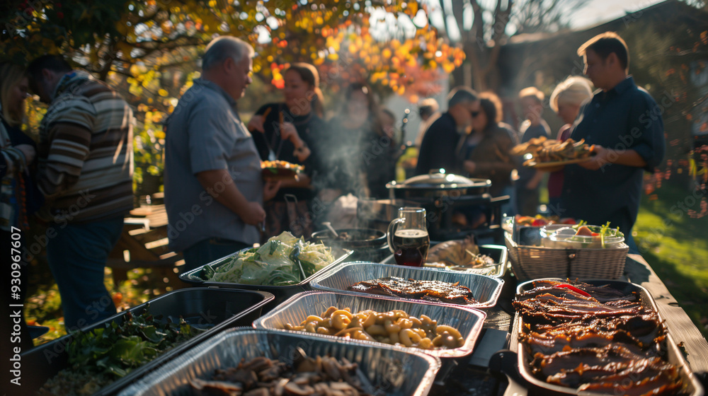 Fototapeta premium Oktoberfest background. A group of people are enjoying a buffet party with beer in the backyard.