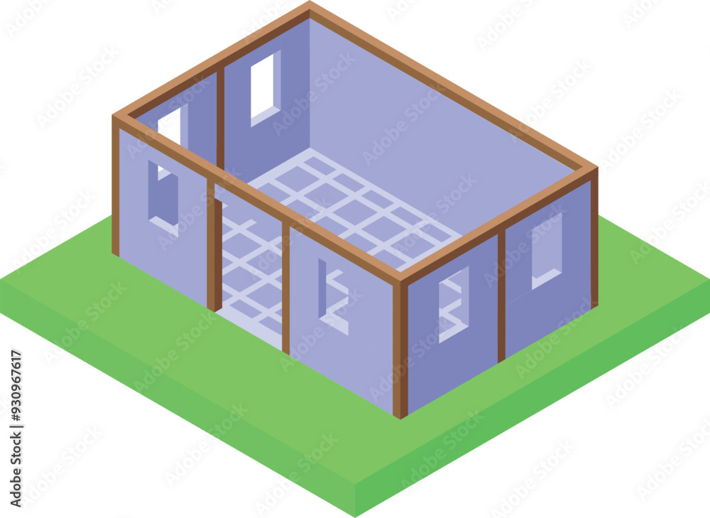 Isometric view of a one story house under construction, showing the framing and foundation Isometric view of a one story house under construction, showing the framing and foundation