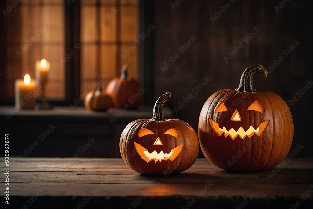 Fototapeta premium Modele pour conception Halloween avec vieux bois, citrouilles et espace libre lumineux pour conception