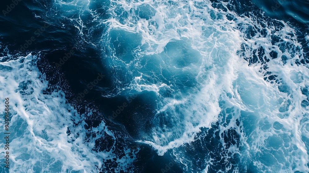 Aerial view of foamy blue ocean water with dark blue water below. Aerial view of foamy blue ocean water with dark blue water below.