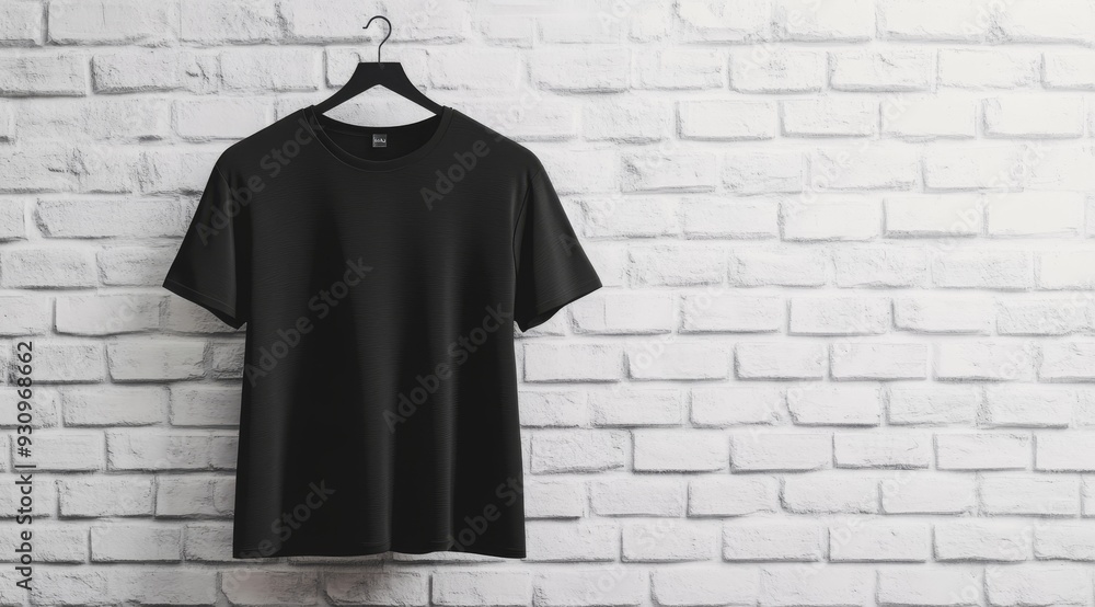 A minimalist black t-shirt hung on a hanger, enhancing modern styling against a light brick background. A minimalist black t-shirt hung on a hanger, enhancing modern styling against a light brick background.