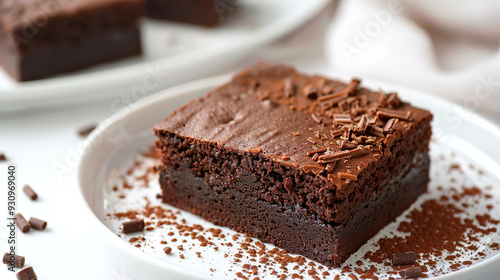 macro photography of chocolate brownie cake. a piece of chocolate brownie cake on white plate. Homemade dark chocolate cake cut in square