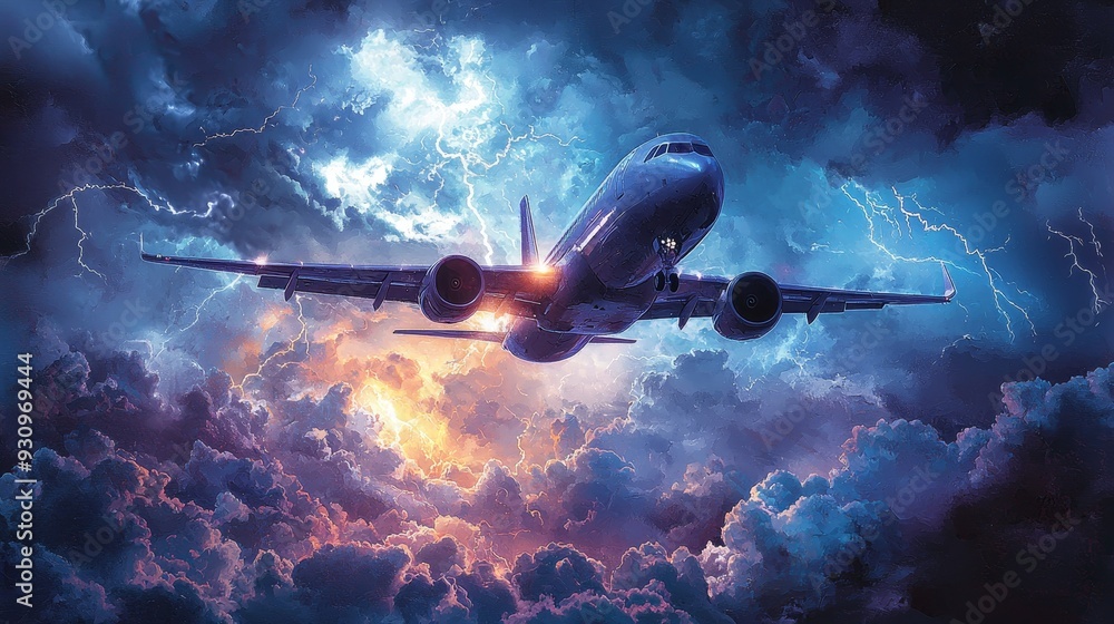 Fototapeta premium Watercolor jet flying above a thunderstorm, with dramatic lightning and dark clouds.