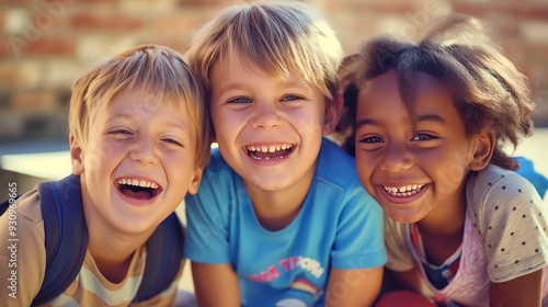 Three happy little friends have fun together, portrait of joyful smiling toddler kids on outdoor autumn field, close up, childhood happiness.