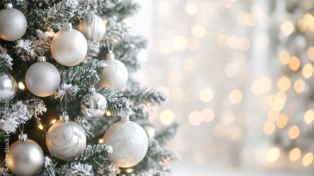A Christmas tree decorated with silver and white ornaments with soft glowing lights and a blurred background A Christmas tree decorated with silver and white ornaments with soft glowing lights and a blurred background