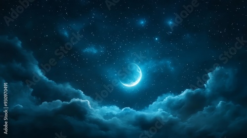 Crescent moon in starry night sky