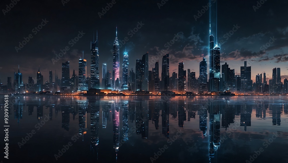 Obraz premium Create a stunning futuristic cityscape at night, where towering skyscrapers with illuminated blue lights dominate the skyline