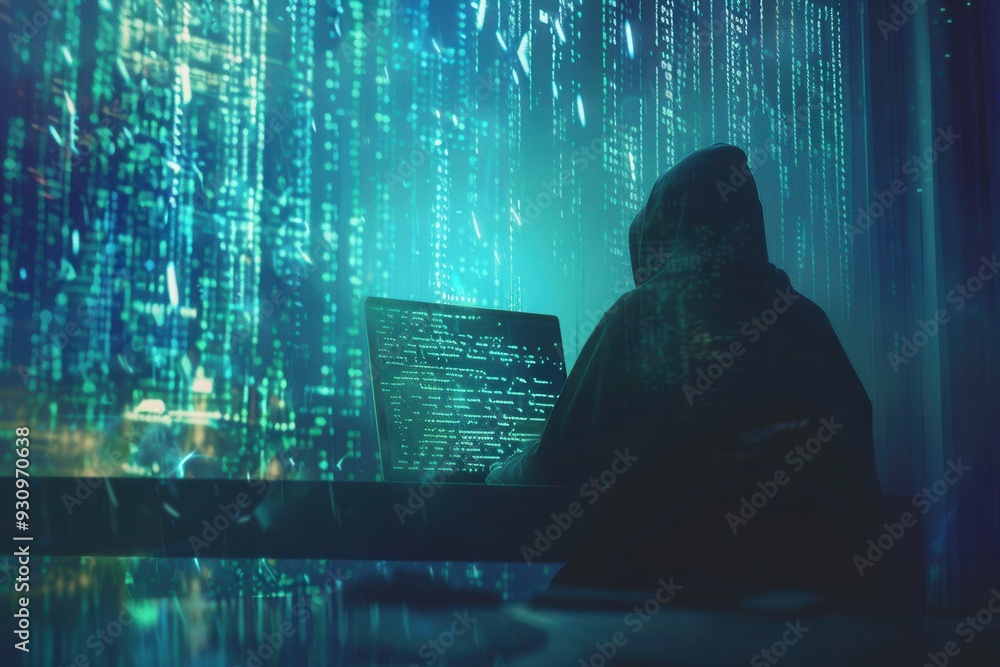 A hooded figure focused on a computer in a dark environment, surrounded by green matrix-like code on a large screen, deep in concentration. Generative AI A hooded figure focused on a computer in a dark environment, surrounded by green matrix-like code on a large screen, deep in concentration. Generative AI