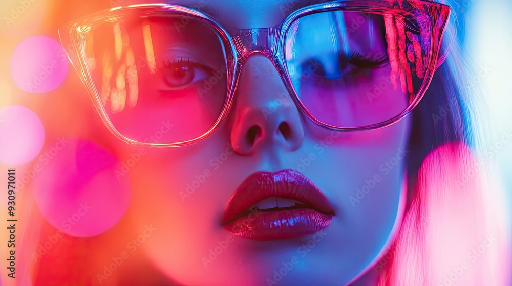 A vibrant close-up portrait of a stylish woman wearing oversized sunglasses, illuminated by colorful neon lights. A vibrant close-up portrait of a stylish woman wearing oversized sunglasses, illuminated by colorful neon lights.