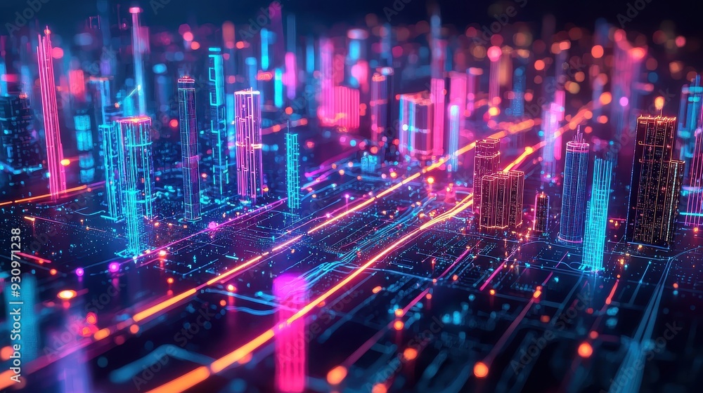 Futuristic chart depicting data flows in a smart city, with bright, neon-colored streams of information connecting buildings, vehicles, and infrastructure in a complex, interconnected web Futuristic chart depicting data flows in a smart city, with bright, neon-colored streams of information connecting buildings, vehicles, and infrastructure in a complex, interconnected web