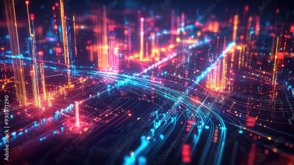 Futuristic chart depicting data flows in a smart city, with bright, neon-colored streams of information connecting buildings, vehicles, and infrastructure in a complex, interconnected web Futuristic chart depicting data flows in a smart city, with bright, neon-colored streams of information connecting buildings, vehicles, and infrastructure in a complex, interconnected web
