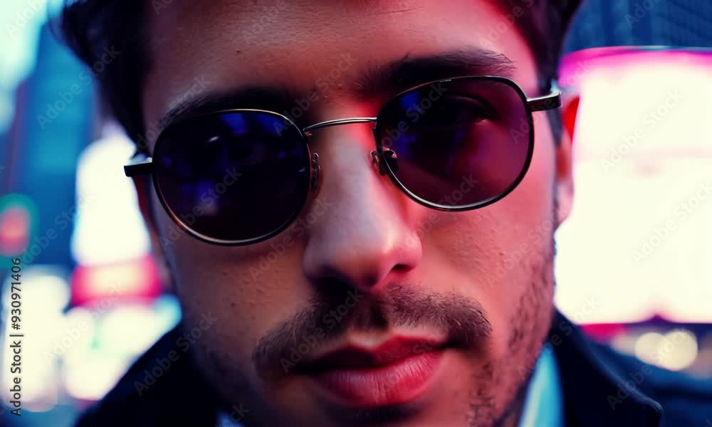 Close-up of a young man with tousled hair with New York City’s Times Square lights reflected in his glasses. Close-up of a young man with tousled hair with New York City’s Times Square lights reflected in his glasses.