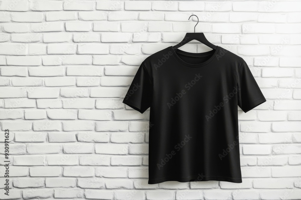 A stylish black tshirt elegantly hanging on a hanger, ideal for capturing casual fashion photography shots A stylish black tshirt elegantly hanging on a hanger, ideal for capturing casual fashion photography shots