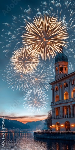 Spectacular fireworks illuminate the night sky above an ornate building with a domed tower, reflecting in calm waters during a vibrant celebration. photo