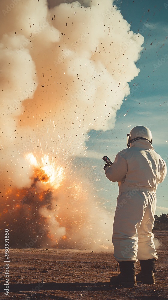 Obraz premium An explosives worker using a remote control device to initiate a blast, showcasing focus and precision
