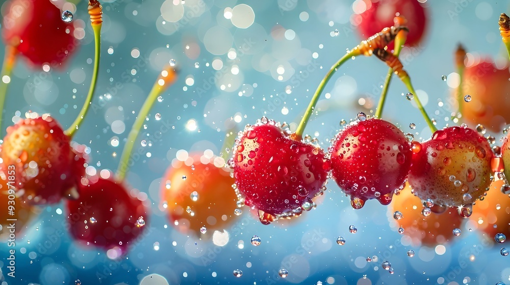 Fresh cherries with water droplets against a blue bokeh background, showcasing vibrant colors and refreshing summer fruit in macro detail Fresh cherries with water droplets against a blue bokeh background, showcasing vibrant colors and refreshing summer fruit in macro detail
