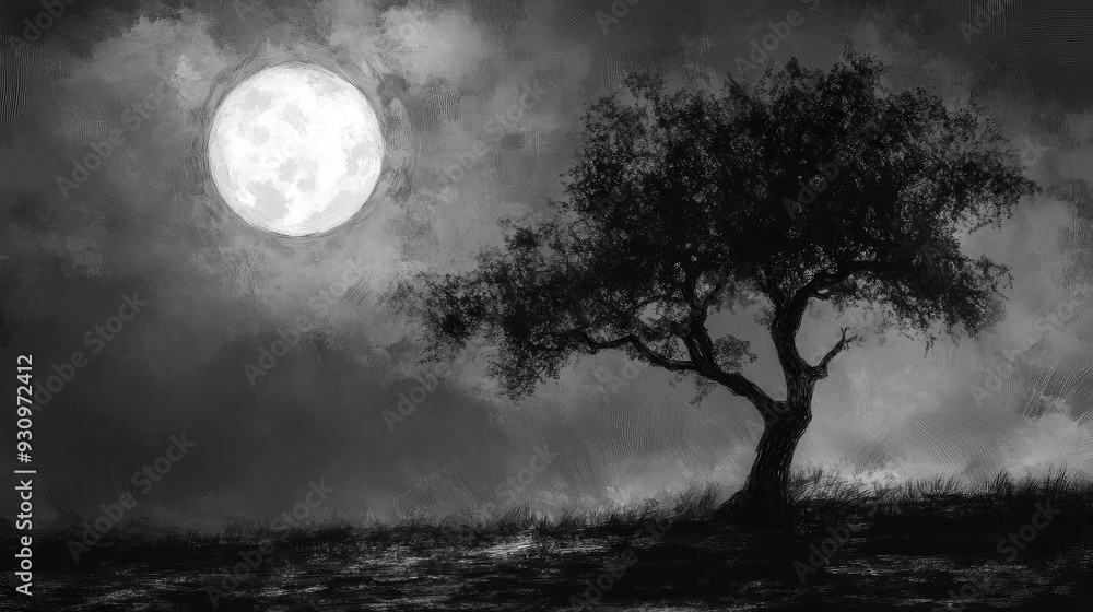 A haunting moonlit scene featuring a solitary tree against a dramatic cloudy sky, evoking mystery and tranquility. A haunting moonlit scene featuring a solitary tree against a dramatic cloudy sky, evoking mystery and tranquility.