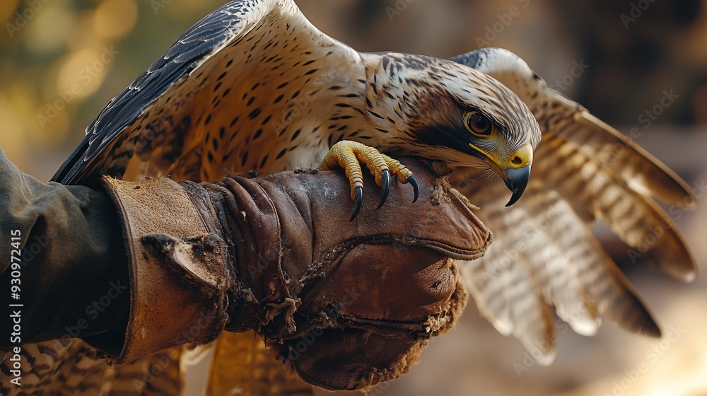 Obraz premium A close-up of a falconer's hand, showcasing the intricate details of the glove and the sharp talons of the falcon, with a blurred light solid color backdrop