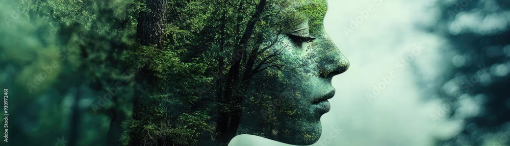 A surreal feminine profile blended with natural elements, symbolizing harmony between humanity and nature in a mystical forest. A surreal feminine profile blended with natural elements, symbolizing harmony between humanity and nature in a mystical forest.