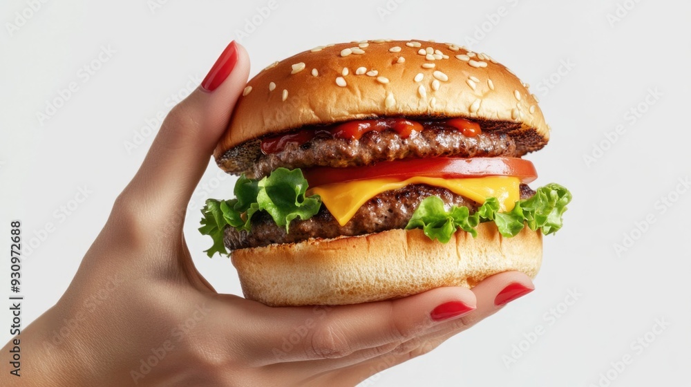 Hand Holding A Delicious Burger Hand Holding A Delicious Burger