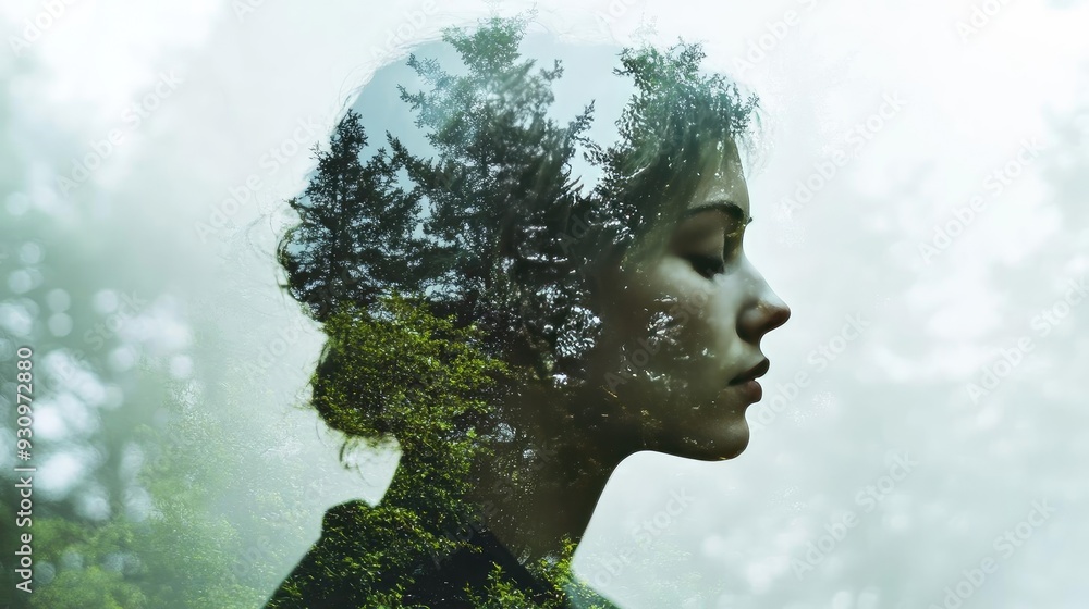 A serene portrait of a woman with a forest silhouette, symbolizing nature and tranquility in a dreamlike atmosphere. A serene portrait of a woman with a forest silhouette, symbolizing nature and tranquility in a dreamlike atmosphere.