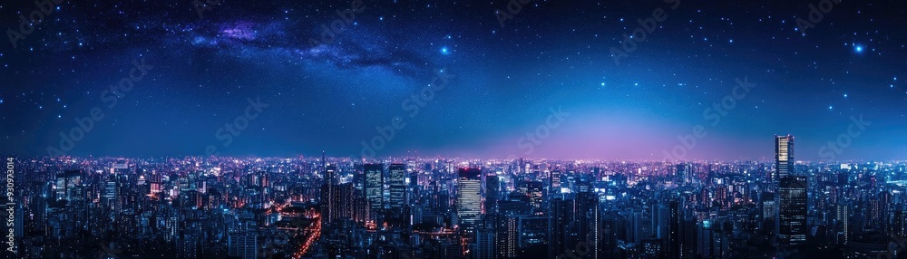 Fototapeta premium Stunning city skyline at night, illuminated by vibrant lights under a starry sky, creating a magical urban landscape.