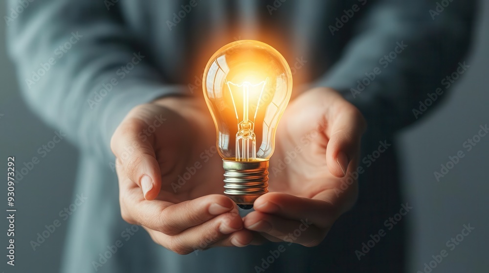 Palm hands gently holding a glowing light bulb, symbolizing a new concept, watercolor style Palm hands gently holding a glowing light bulb, symbolizing a new concept, watercolor style