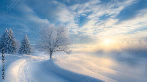 Serene Winter Landscape with Sunrise and Snow