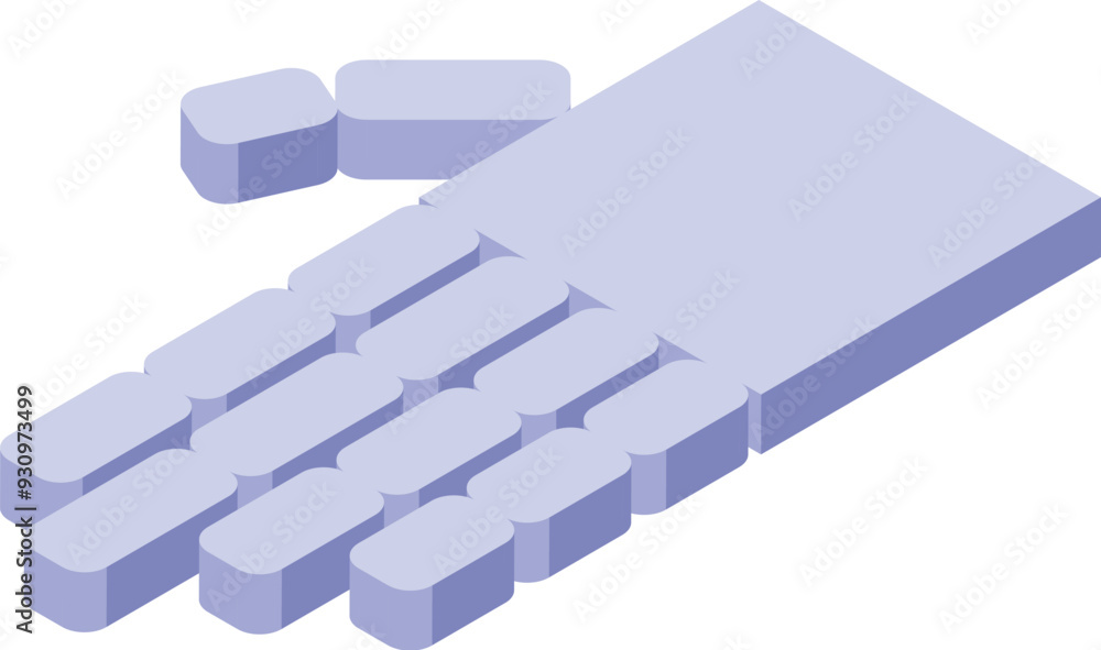 Left hand is extending, showing the palm and four fingers and a thumb in an isometric 3d style Left hand is extending, showing the palm and four fingers and a thumb in an isometric 3d style