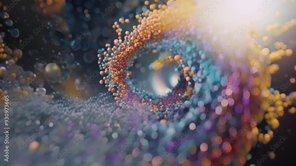 A closeup view of a tiny swirling spiral with colorful particles representing the eighth step of glycolysis. A closeup view of a tiny swirling spiral with colorful particles representing the eighth step of glycolysis.