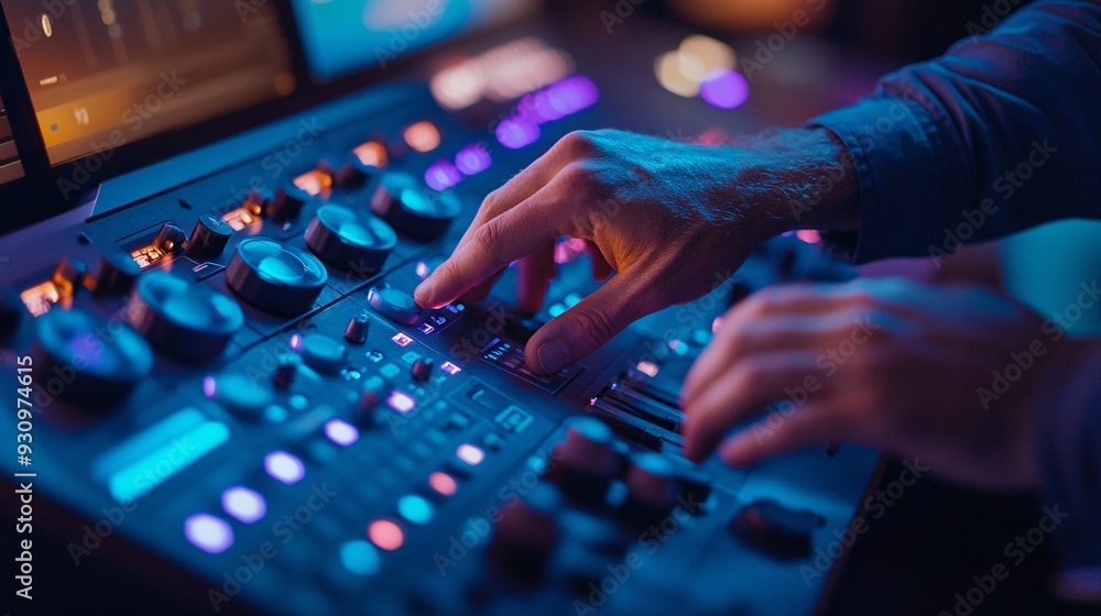 Fototapeta premium Close-up of a film colorist's hands on a color grading panel, adjusting sliders and dials, against a soft pastel backdrop