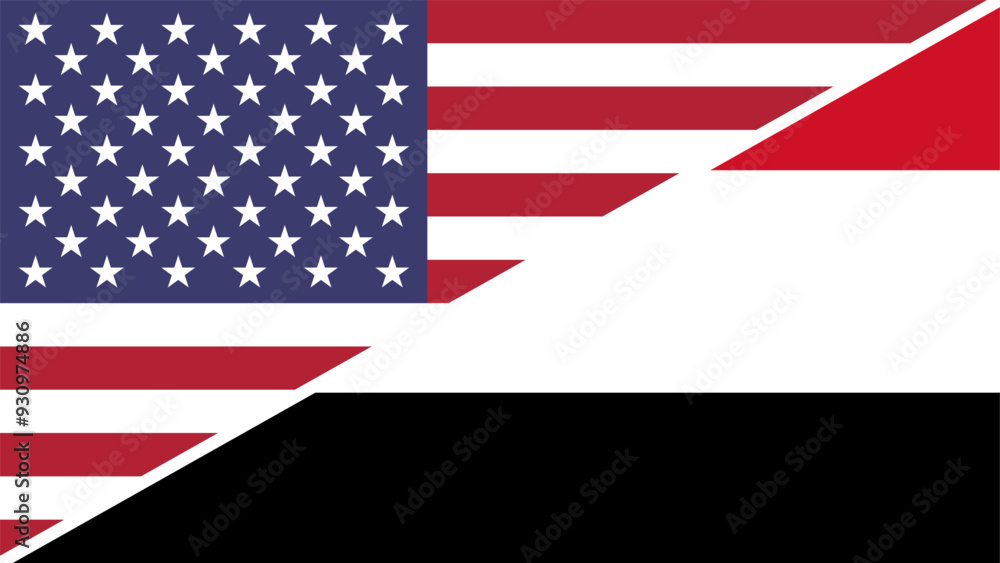 Fototapeta premium Yemen and United States flags combined in a split design vector, symbolizing international relations, global unity, and cultural exchange