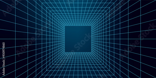 Futuristic abstract 3D portal design with a blue grid pattern. Tech-inspired wireframe tunnel with neon mesh elements and a geometric structure. Cyberpunk aesthetic with Y2K retro style.