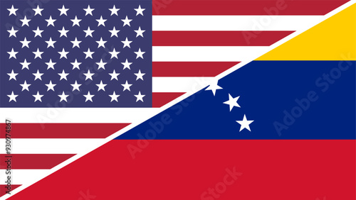 Venezuela and United States flags combined in a split design vector, symbolizing international relations, global unity, and cultural exchange