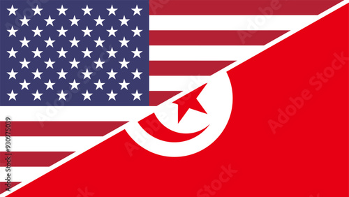 Tunisia and United States flags combined in a split design vector, symbolizing international relations, global unity, and cultural exchange