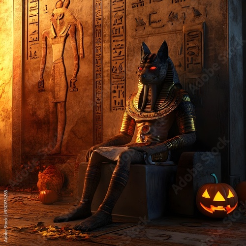 A haunting 3D rendered image that blends the eerie elements of Egyptian mythology with the spooky symbolism of Halloween creating an enigmatic and otherworldly visual experience photo