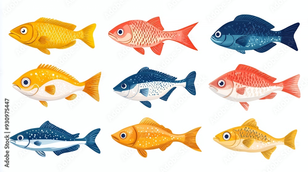 A collection of nine cartoon fish in various colors and designs. A collection of nine cartoon fish in various colors and designs.