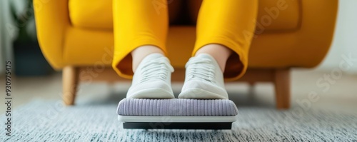 A close-up of a person s feet using a footrest while seated, promoting circulation and preventing office syndrome, office syndrome, footrest, circulation photo