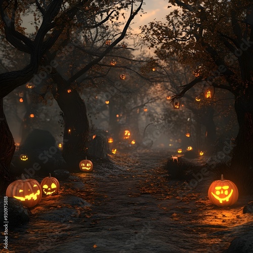 Enchanting autumn fantasy forest scene with spooky Halloween elements like pumpkins bats and spider webs shrouded in an eerie atmospheric mist photo