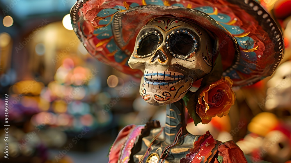 Fototapeta premium A colorful Day of the Dead Catrina skeleton figurine wearing a decorated wide-brimmed hat and red dress, set against a warm blurred background.