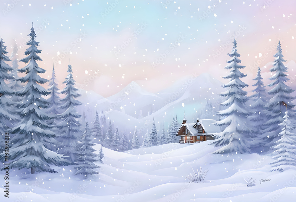 Naklejka premium snowy landscape with evergreen trees