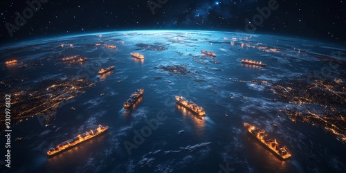 Fototapeta Naklejka Na Ścianę i Meble -  This world map shows key cargo ship movements along vital maritime routes, highlighting the logistics networks essential for international trade and commerce across various countries and regions