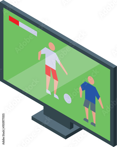 Football match being broadcast on television screen with soccer players running on green field