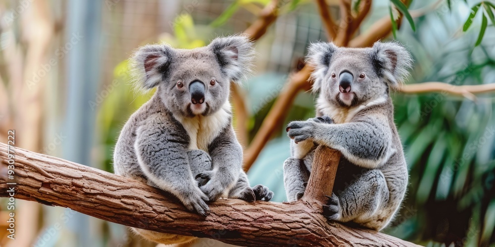 Fototapeta premium Two Koalas sitting on a branch holding paws and gazing into the distance