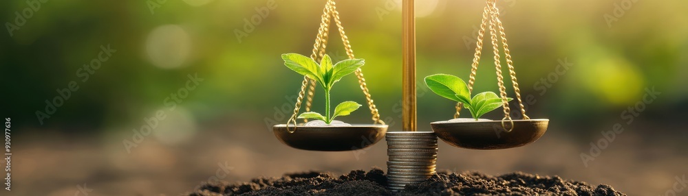 Sustainable Growth Concept with Balancing Scales and Young Plants in Soil at Sunrise Sustainable Growth Concept with Balancing Scales and Young Plants in Soil at Sunrise